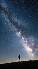 Fototapeta premium Person, human observing magnificent dark night sky full of sparkling star, cosmic dust, galactic splendor, infinite expanse of universe, celestial body, endless space.