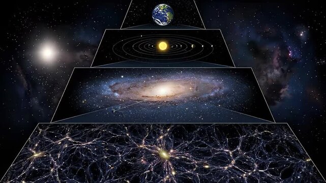 Universe, cosmic scale progression visualizes immense celestial systems, demonstrating vast astronomical structure, revealing dimension, illustrating universal expansion.