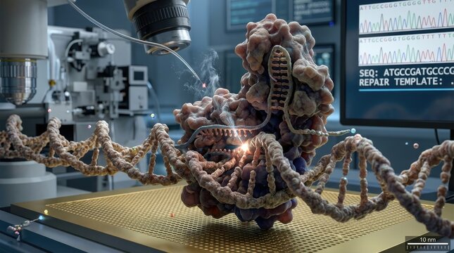 DNA double helix structure undergoing precise genome editing, CRISPR-Cas9 complex performs targeted genetic modification, guide RNA directs molecular repair mechanism, biotechnology laboratory setting