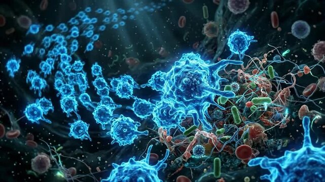 Immune cell actively moving through microscopic human bloodstream, launching protective defense mechanism against invading foreign pathogen particle, biological cellular immunity response.