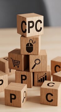 Wooden blocks with business symbols.