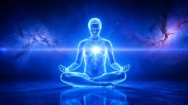Meditating figure glowing with blue light in a cosmic setting.