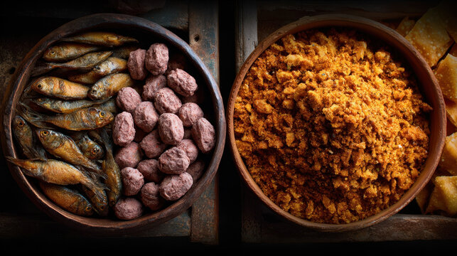Bangladeshi food texture collection showing fish, lentils, and jaggery in bowls on a wooden surface