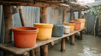 Naklejka premium Rainwater harvesting buckets in flooded rural Bangladesh, household water storage, monsoon rains and village life