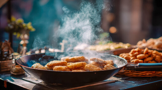 Pan-fried hot pakoras at a Pakistani street food market, a traditional spicy fried snack cooked in a steamer