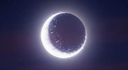 Obraz premium Glowing crescent moon surrounded by sparkling dust particles against a dark night sky background