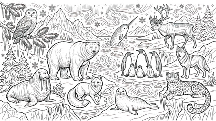 Arctic animals coloring page vector, polar wildlife line art collection, winter landscape with polar bear penguin and reindeer, intricate nature illustration © Fahad