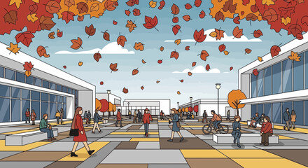 Autumn street scene with falling leaves and people in a modern city plaza © Rizal