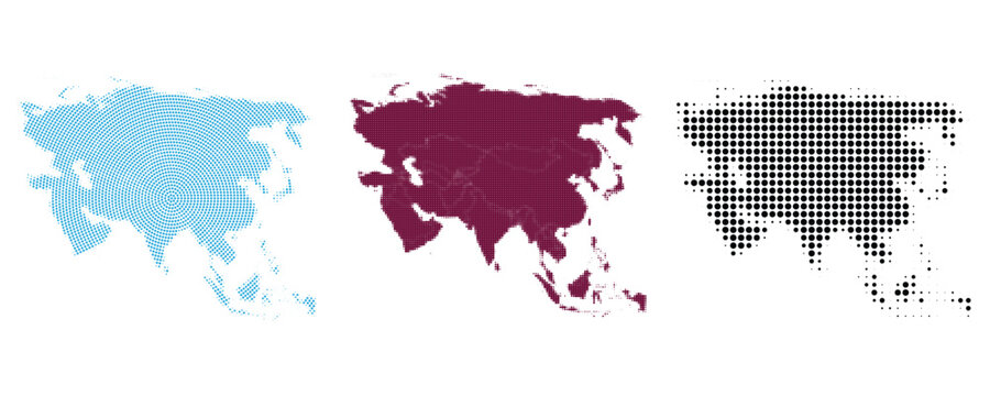 Set of three halftone maps of asia continent in different styles vector illustration