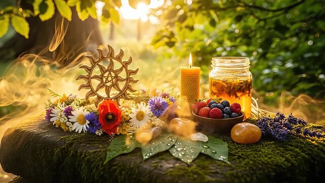 Summer solstice ritual arrangement honoring abundant nature, celebrating litha, midsummer festivity, june twenty first pagan tradition, ancient spiritual ceremony.