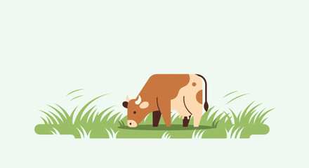 Cute Brown Cow Grazing in Green Meadow, Flat Design Illustration © Riyna