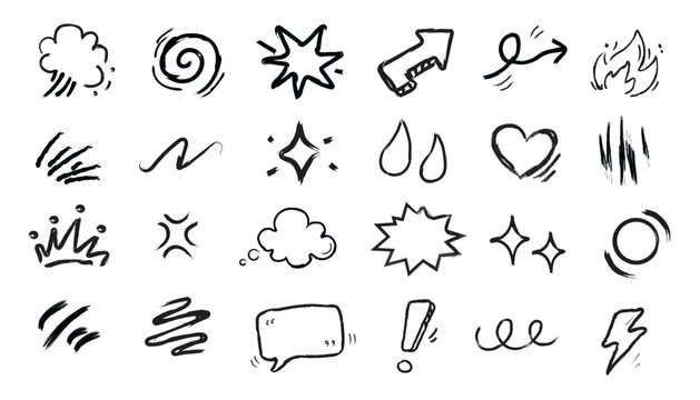 Hand drawn doodle elements set, comic book style speech bubbles, arrows, stars, hearts and abstract shapes vector illustration