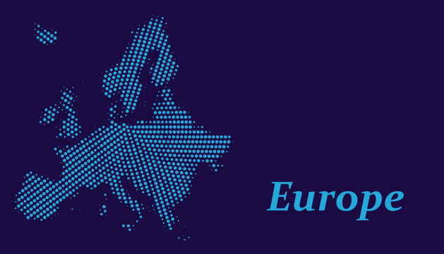 Abstract map of europe made of blue dots on a dark blue background, digital technology concept, vector illustration