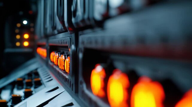 Glowing orange lights illuminate a sleek, modern control panel inside a spaceship cockpit, highlighting advanced technology and a futuristic design in a dark, mysterious interior