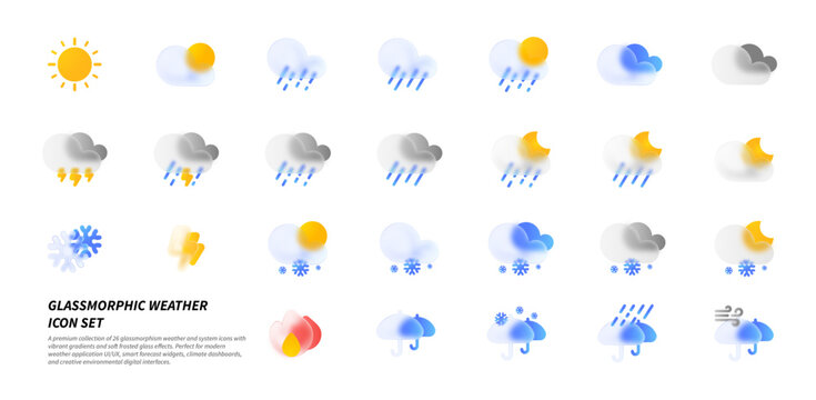 Glassmorphic Weather Icon Set for Mobile App UI and Forecast Widgets