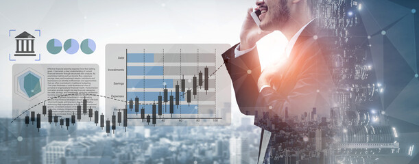 A businessman engaged in a phone conversation stands against a backdrop of data visualization and an urban skyline, symbolizing growth and financial success. Gantry © InfiniteFlow