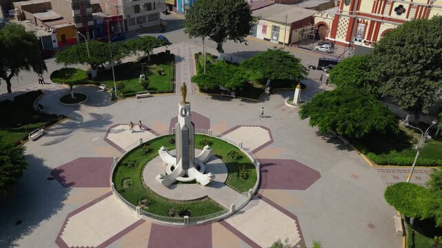 Cinematic Drone View of Monsef&uacute; Main Square and Historic Downtown in Lambayeque, Peru