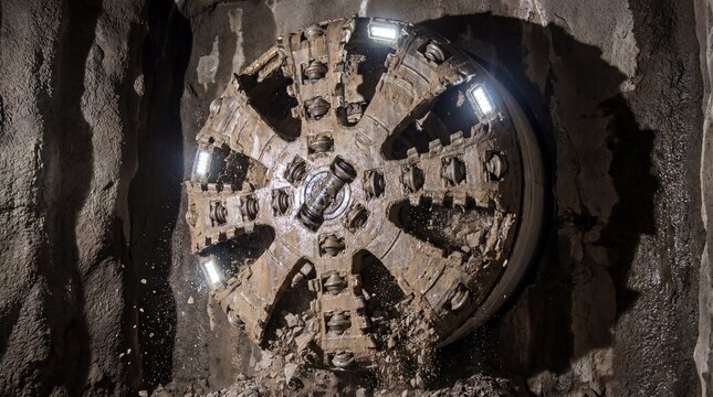 Tunnel Boring Machine Cutting Wheel Drilling Through Rock Underground