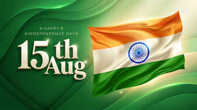 Patriotic 15 August Independence Day banner with waving Indian flag and elegant green theme