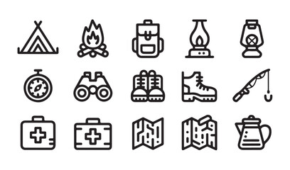 Camping equipment line icon set with tent backpack lantern compass and hiking gear tools. © Tamanna