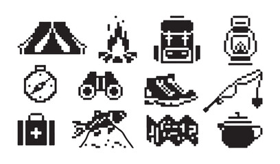 Outdoor adventure pixel art equipment icons featuring camping tent fishing and hiking gear. © Tamanna