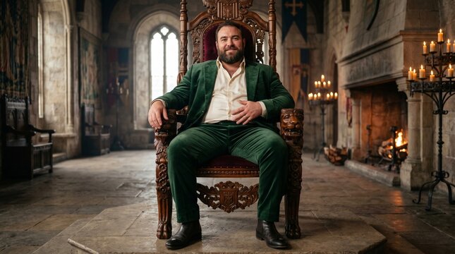 A plus-size man in a velvet suit sitting on a throne, soft belly visible through open jacket