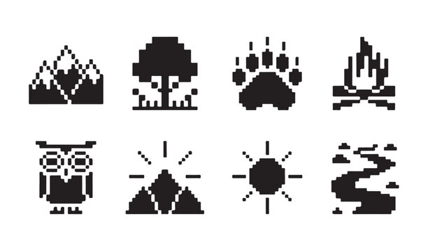 Mountains and nature scene pixel art icons including owl sun trees and campfire graphics.