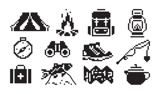 Outdoor adventure pixel art equipment icons featuring camping tent fishing and hiking gear.