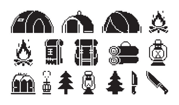 Pixel art camping icons set for adventure and outdoor activities.
