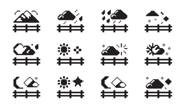 Pixel weather icons depicting mountain snow rain sun moon and stars over fence.