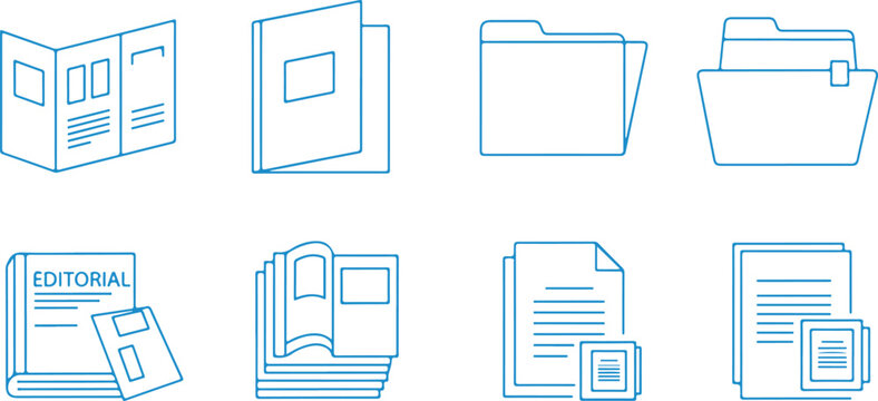 Set of line icons for documents folders books files representing information and organization with document paperwork information business education management collection illustration magazine