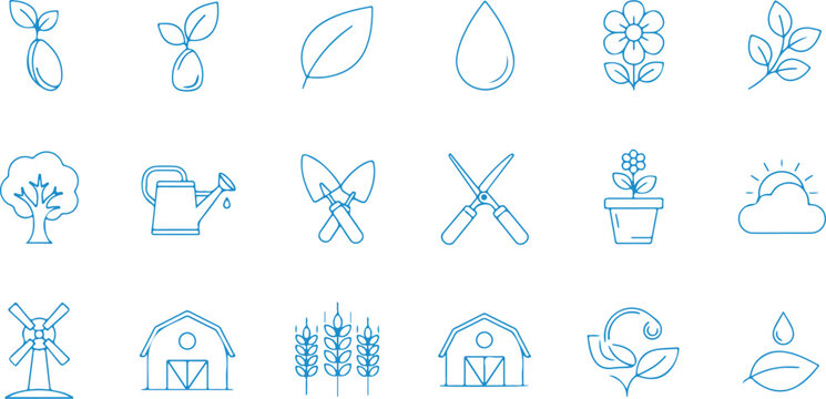 Line icons representing agriculture farming renewable energy nature for sustainable lifestyles with watering can pruning shears line art agriculture renewable windmill cultivate environment