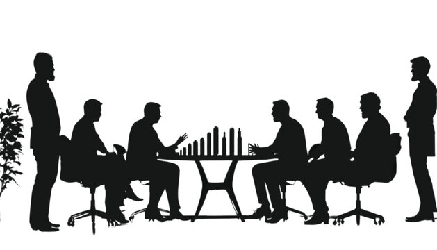Professionals gather around a table to analyze data trends represented by a bar graph sculpture.