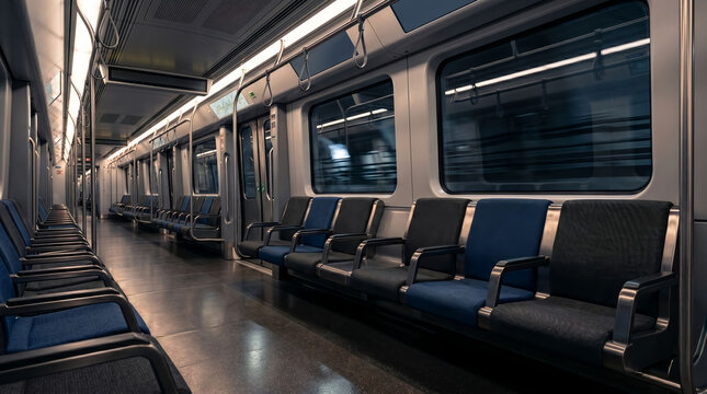 Inside an empty passenger train carriage, showing rows of seats and windows, with a reflection visible in the glass