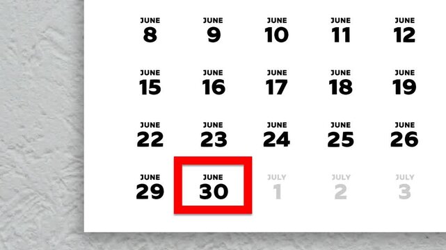 The date June 30th marked with a red cursor on the wall calendar 2026