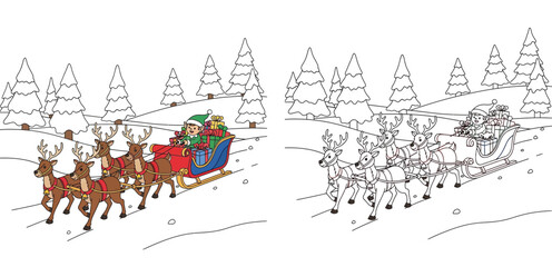 Obraz premium Christmas Elf Riding Sleigh with Reindeer and Gifts in Winter Forest Snowy Landscape, Coloring Book Page and Colored Version Illustration for Kids
