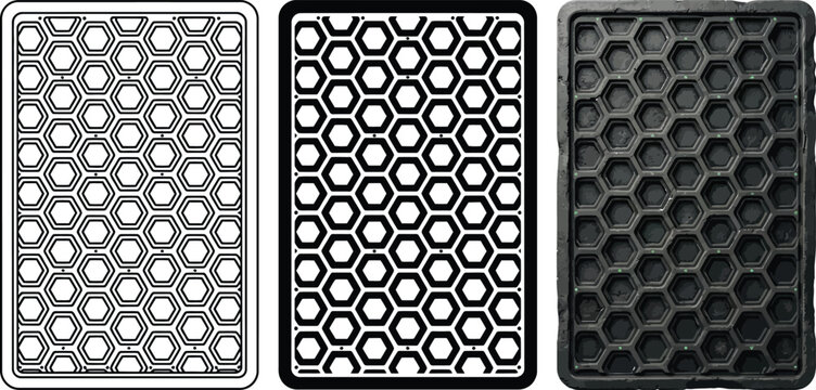Set of three distinct hexagonal patterns featuring flat vector and embossed 3D styles ideal for modern backgrounds and design elements