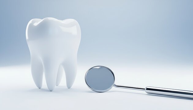 Dental tooth model, shiny white molar with dental mirror, clean and healthy, symbolizing oral hygiene and dental care