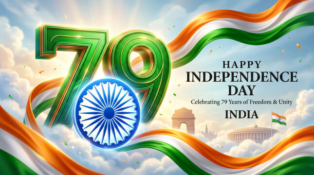 Patriotic 79 Independence Day India celebration with glowing chakra and flowing tricolor ribbon