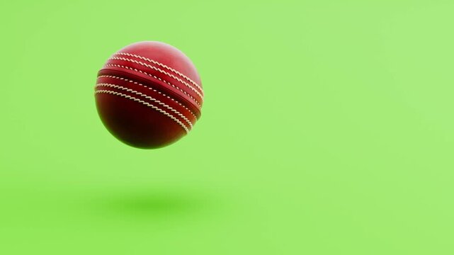 Cricket Ball Spinning and Floating on Green Background with Copy Space, Seamless Loop 3D Animation