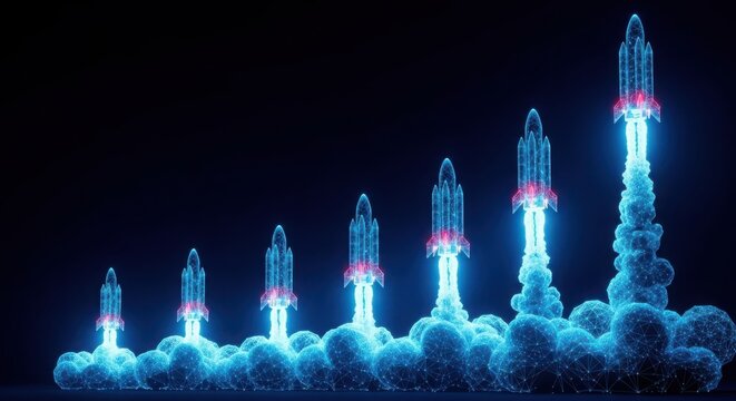 Neon pixel art rockets launching in a growth chart graph illustration