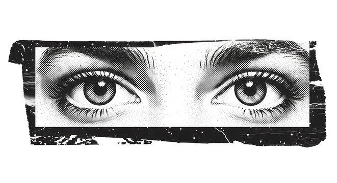 Close-up of human eyes in a rectangular frame with a distressed, grainy halftone texture on a black background
