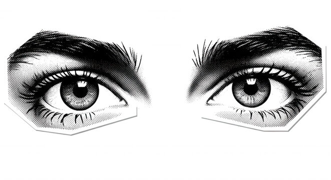 Close-up of two human eyes with a halftone dot pattern, rendered in black and white with an angular geometric border