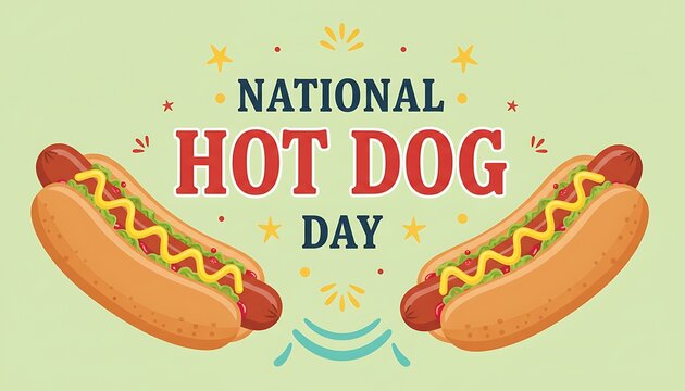 Celebratory flat illustration marking National Hot Dog Day with mustard and relish filled frankfurters