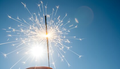 Obraz premium Sparkler, glowing sparks flying, clear blue sky background, symbolizing celebration, joy, and festive spirit