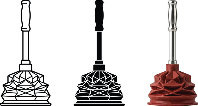 Vector illustration of plungers in outline solid and realistic styles ideal for plumbing household maintenance and repair designs