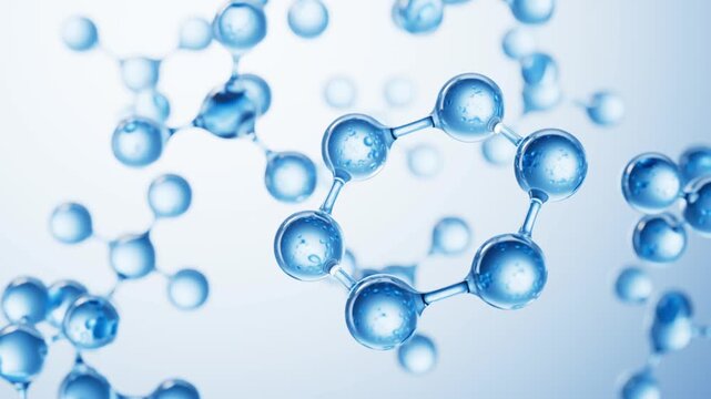 Abstract molecular structure background with blue water atoms rotating in 3d space for scientific research animation.