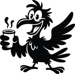 Fototapeta premium Silhouette bird holds steaming coffee cup smiling