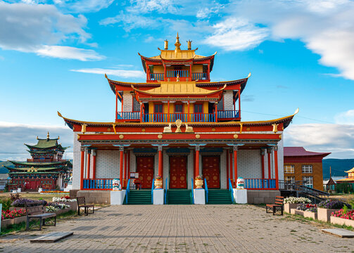 Scenic view of Buddhist temple on the territory of Ivolginsky Datsan, Buryatia, Russia.