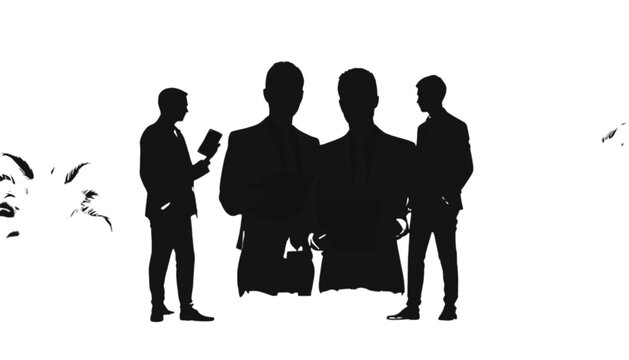 Businessmen stand together in a professional silhouette arrangement to represent corporate teamwork.